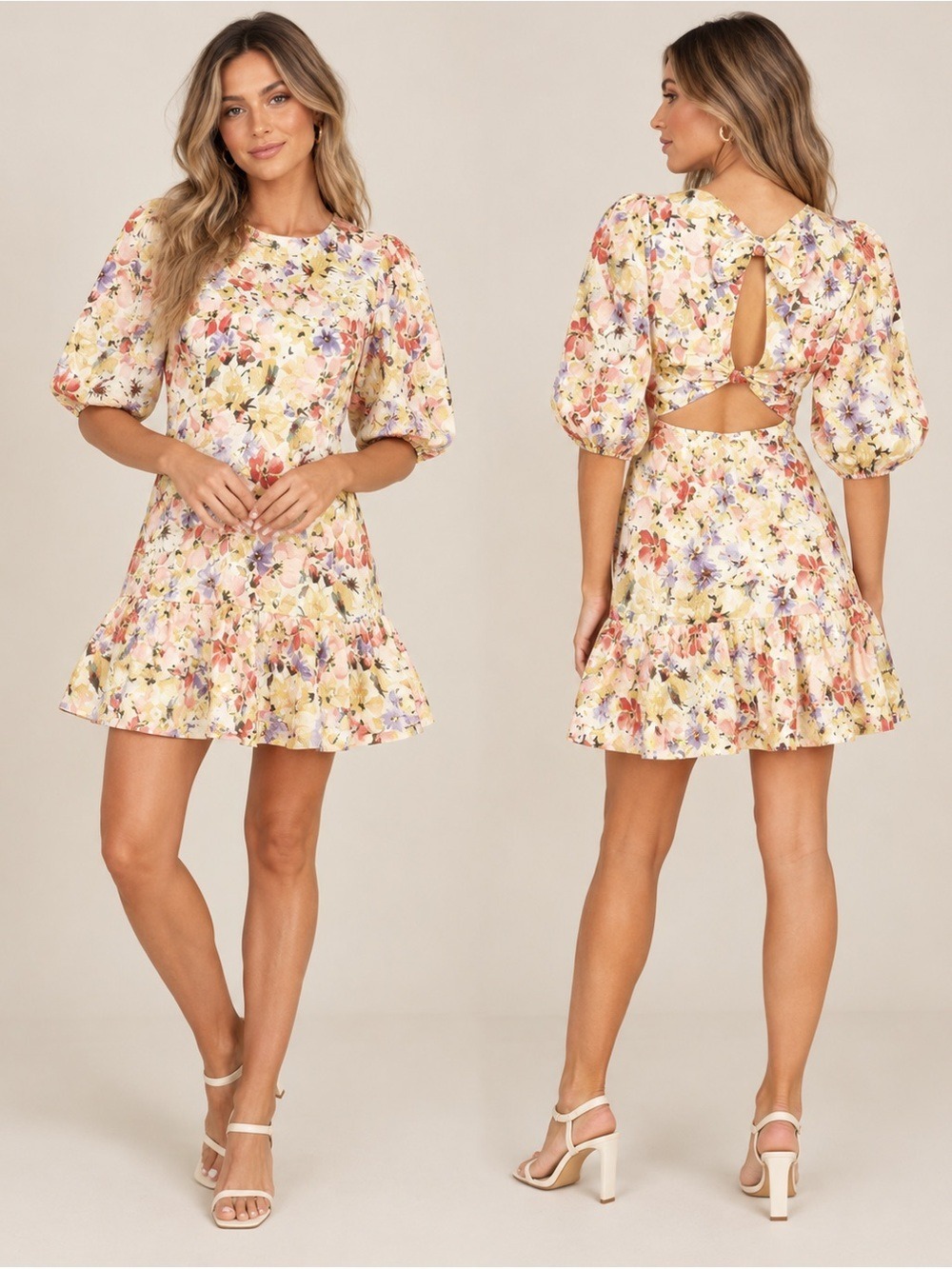 Lush Floral Puff Sleeve Open Back Tie Detail Ruffle Hem Mini Short Dress